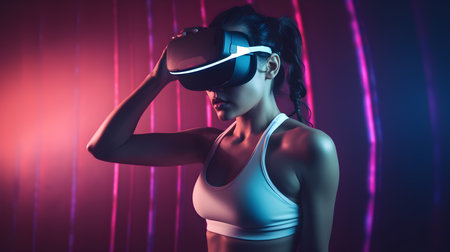 Young woman using virtual reality headset against pink and blue neon light designの素材
