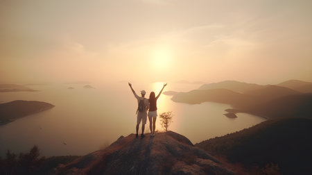 Silhouette of a young couple standing on top of the mountain and enjoying the view of the sunsetの素材