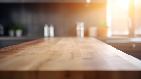 Close up of wooden table in modern kitchen. Blurred background.の素材