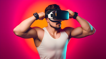 Young man wearing virtual reality goggles. Studio shot over pink background.の素材