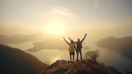 Happy couple with raised hands standing on top of mountain and looking at beautiful sunsetの素材