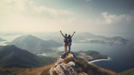 Happy woman hiker standing on top of a mountain with arms raisedの素材
