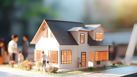 Miniature model of house with people on blurred background. real estate conceptの素材