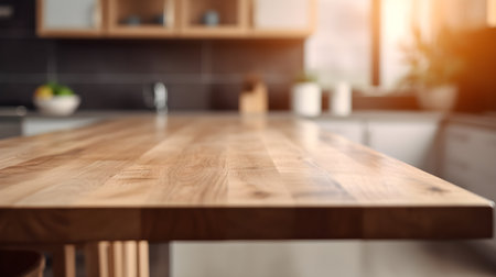 Close up of wooden table in modern kitchen. Blurred background.の素材