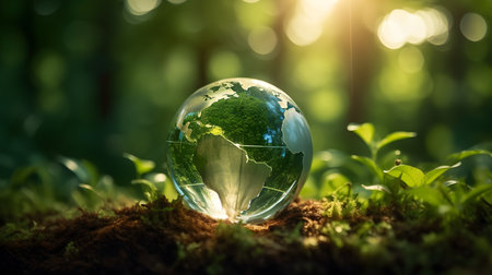 Glass globe in green forest. Environmental protection concept. 3D Renderingの素材