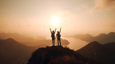 Silhouette of two girls on top of a mountain with arms raised upの素材