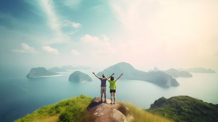 Happy couple standing on top of mountain and looking at beautiful sea viewの素材