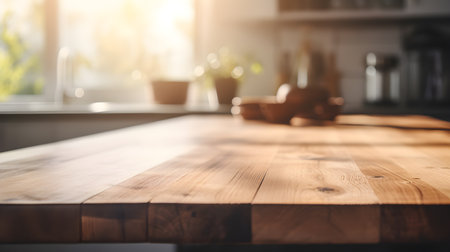 Wooden table in modern kitchen interior with daylight. Blurred background.の素材