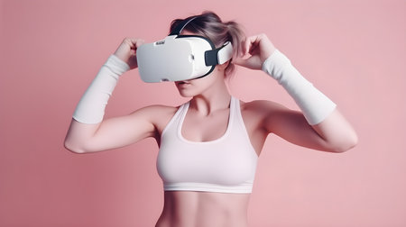Young woman with virtual reality headset on pink background. Future technology concept.の素材