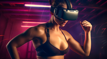 Beautiful young woman in virtual reality headset. Future technology concept.の素材