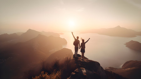 Silhouette of two happy tourists standing on top of a mountain and enjoying the beautiful view of the sea and mountains.の素材