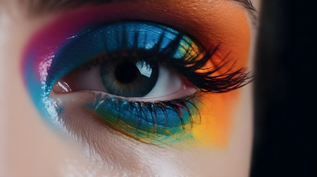 Close-up of beautiful woman's eye with multicolored makeup.の素材