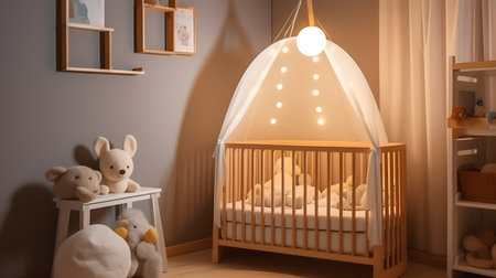 Baby room with crib and teddy bear. 3d rendering.の素材