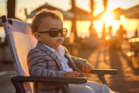 Cute baby boy in sunglasses sitting on sun lounger at beachの素材