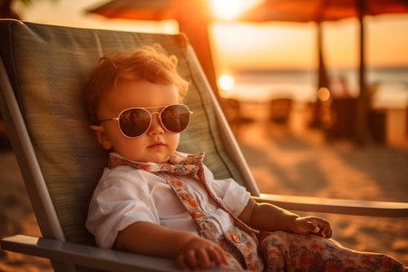 Portrait of cute little girl in sunglasses on the beach at sunsetの素材
