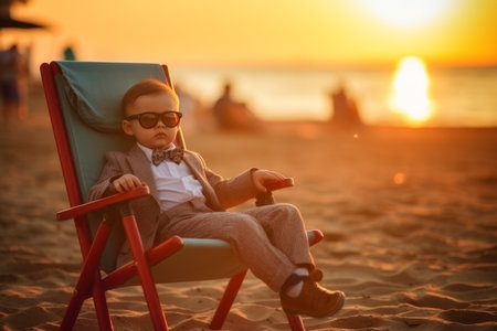 little boy in sunglasses sitting on a chair on the beach at sunsetの素材
