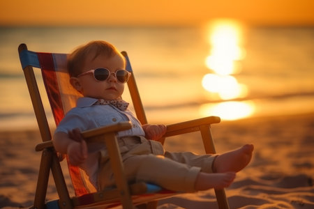 Cute little baby girl in sunglasses sitting on a deckchair on the beach at sunsetの素材