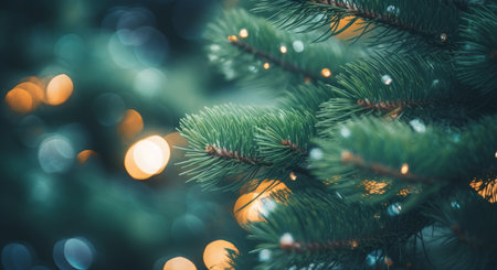 Christmas tree branches with bokeh lights background, retro tonedの素材