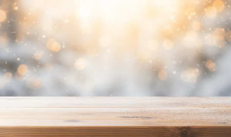 Wood table top on bokeh winter background - can be used for display or montage your productsの素材