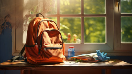 Backpack with school supplies on table near window. Back to school conceptの素材