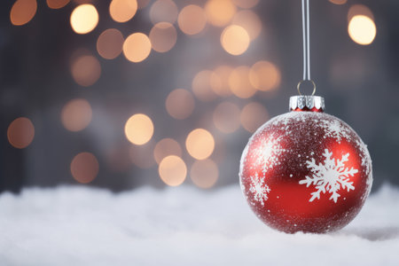 Christmas bauble decoration on snow with bokeh lights background.の素材