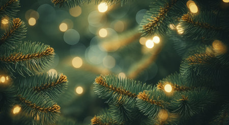 Christmas tree branches with bokeh lights background. Vintage tonedの素材