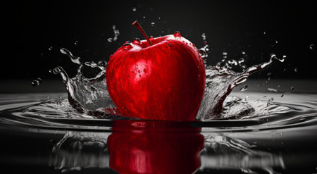 Red apple falling into water with splash and ripples on black backgroundの素材
