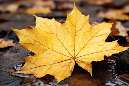 Yellow maple leaf with water drops on the ground. Autumn background.の素材