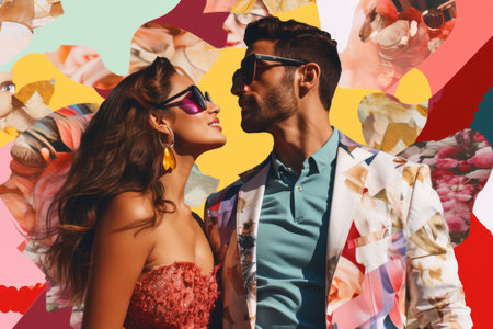 side view of stylish young couple in sunglasses looking at each other on colorful backgroundの素材