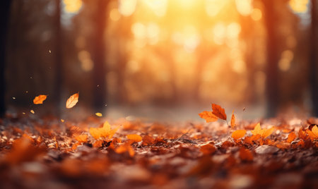 Autumn leaves on a sunny day in the forest. Nature backgroundの素材