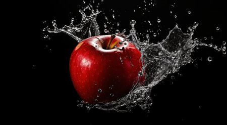 Red apple falling into water with a splash on a black background.の素材