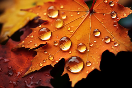 Autumn maple leaf with water drops on black background, closeupの素材
