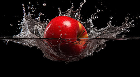 Red apple falling into water with splash, isolated on black background.の素材