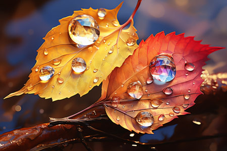 Autumn leaves with water drops on dark background, close-upの素材