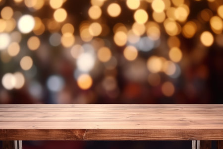 Empty wooden table over blur restaurant with bokeh background, product display montageの素材