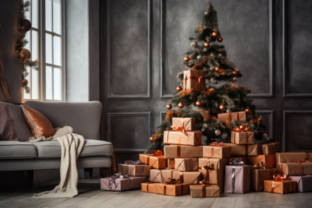 Christmas tree with gifts in the living room at home. Christmas backgroundの素材