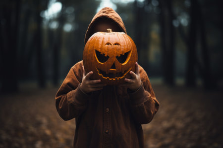 Little boy with halloween pumpkin in the forest. Halloween concept.の素材
