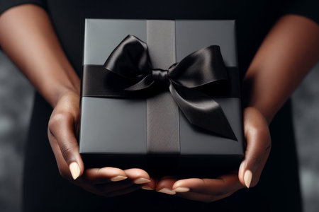 Black gift box in the hands of a woman. Close-up.の素材