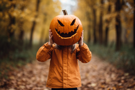 Little girl in halloween costume covering her face with jack o lanternの素材
