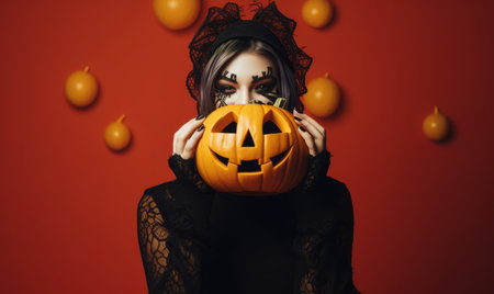 Halloween portrait of beautiful young woman in witch costume with pumpkin.の素材