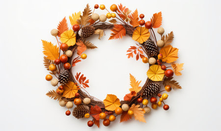 Autumn wreath with leaves and acorns on white background.の素材