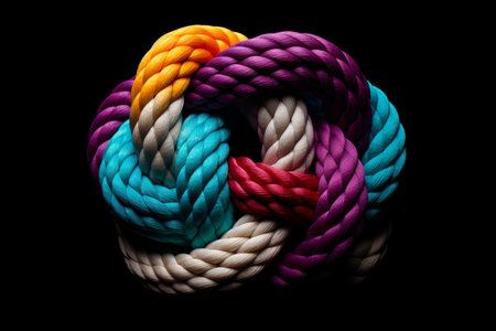 Colorful rope knot on black background. Rope knot isolated on black backgroundの素材