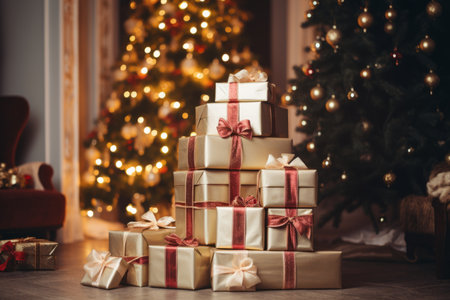 Gift boxes on the background of the Christmas tree in the roomの素材