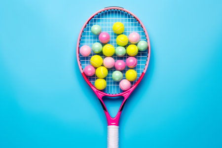 Tennis racket with colorful balls on blue background. Top view.の素材
