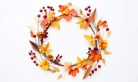 Autumn wreath of leaves, berries and berries on white backgroundの素材