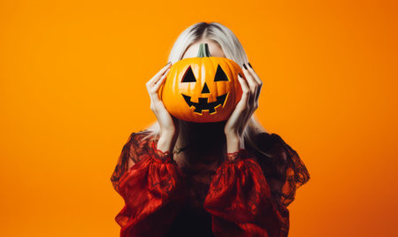 Young woman in halloween costume with jack-o-lantern on orange backgroundの素材