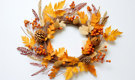 Autumn wreath with leaves and berries on a white background.の素材