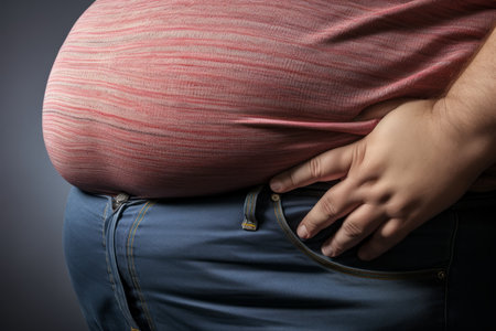 Fat man suffering from stomachache, closeup. Concept of overweightの素材