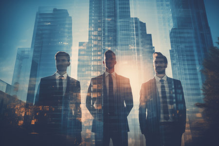 Silhouettes of business people on abstract city background. Double exposureの素材