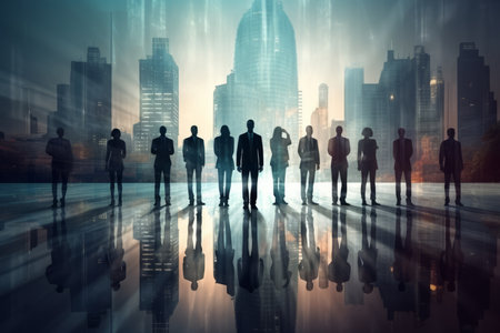Silhouettes of business people standing in front of skyscrapersの素材